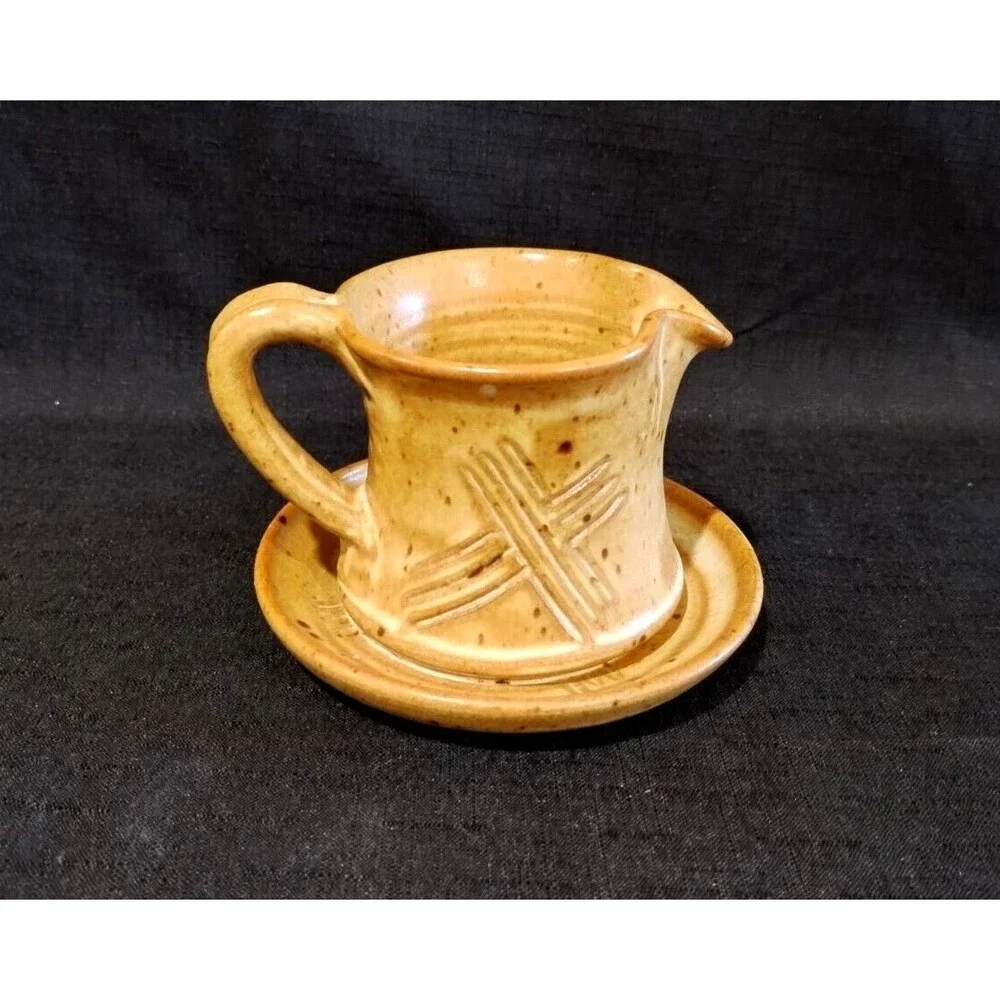 Vintage Studio Pottery Ceramic Brown Tan Glazed Syrup W Attached Plate Planter